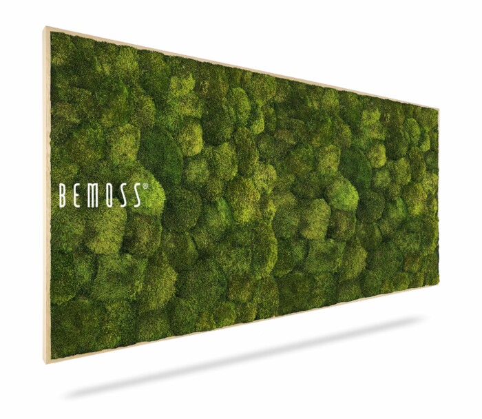 Un panneau mural rectangulaire recouvert de mousse verte douce et luxuriante de différentes nuances. Le mot « BEMOSS » est écrit en blanc dans le coin inférieur gauche du panneau. Le Tableau de mousse SIBERIAN projette une légère ombre, indiquant sa texture tridimensionnelle.