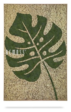 Le Earth Gagos présente un grand motif de feuille de monstera verte sur un fond beige texturé. Le nom de la marque « BEMOSS® » est visible sur le côté gauche du vantail.