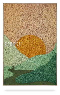 Un tapis texturé rectangulaire présente un paysage abstrait avec un soleil jaune, des collines verdoyantes et un chemin sinueux. La partie supérieure présente un fond de ciel rosé avec le mot « Abstract Cabril » écrit en blanc sur le côté gauche, rappelant les œuvres d'art vibrantes de murs en mousse.