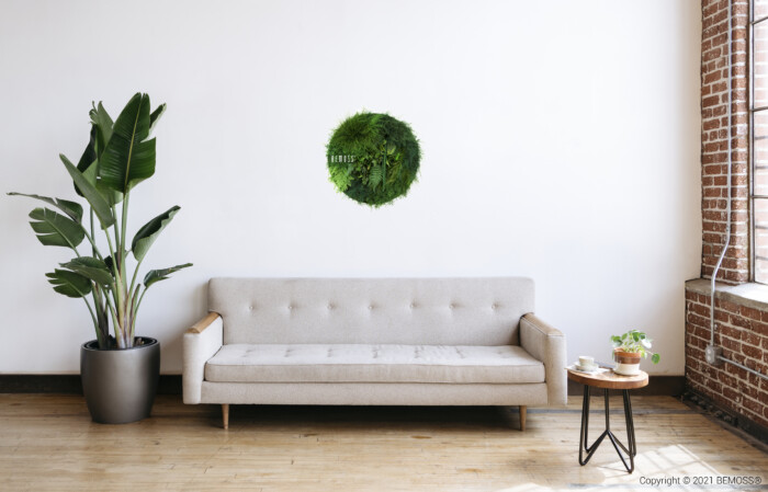 Un salon minimaliste avec un canapé beige clair, une plante en pot à gauche et une petite table d'appoint ronde avec une boisson à droite. Une décoration murale végétale circulaire verte de BEMOSS est suspendue au-dessus du canapé sur un mur blanc, à côté d'une grande fenêtre avec des garnitures en brique.