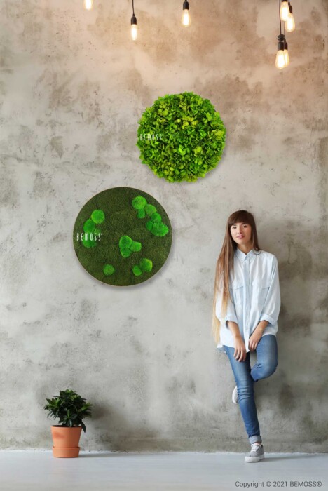 Une femme aux longs cheveux bruns portant une chemise blanche et un jean s'appuie contre un mur de béton orné de deux Tableau de mousse rond BEMOSS® MIMI circulaires. Une petite plante en pot est posée sur le sol à sa gauche, tandis que des ampoules suspendues éclairent la scène.