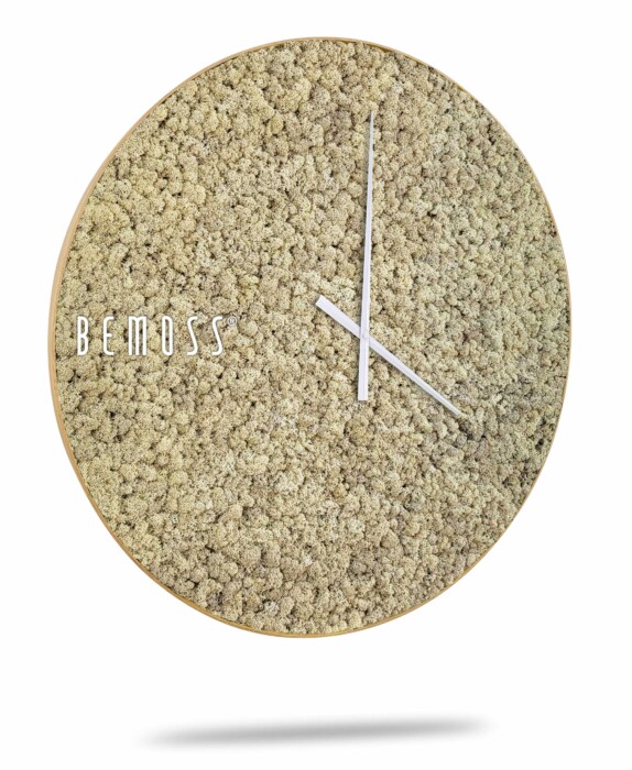 Une horloge murale ronde avec un cadran beige texturé ressemblant à de la mousse séchée. L'horloge possède des aiguilles des heures et des minutes blanches et le nom de la marque «Horloge de mousse en mousse de RENNE» est affiché sur le côté gauche du cadran, rappelant un tableau de mousse.