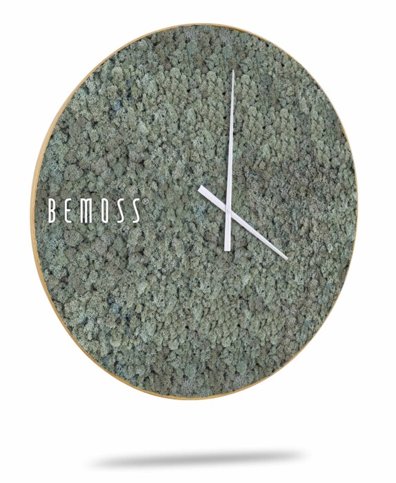 Horloge murale ronde avec une surface en mousse verte, avec des aiguilles blanches minimalistes des heures et des minutes. Le nom de la marque « BEMOSS » est imprimé sur le côté gauche. L'Horloge de mousse en mousse de RENNE présente un design épuré et moderne et semble flotter au-dessus d'une ombre sur fond blanc, inspirée des murs végétaux.