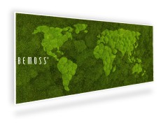 Un panneau rectangulaire avec un motif de carte du monde fabriqué à partir de mousse verte vibrante. Les continents sont formés par des amas denses de mousse, tandis que les océans sont représentés par le fond blanc du panneau. Le mot « BEMOSS® » est imprimé en blanc sur le côté gauche, ce qui en fait un élégant tableau de mousse.