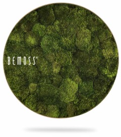 Une pièce décorative ronde en mousse verte avec différentes textures et nuances de vert, portant le texte "Tableau de mousse rond BEMOSS® ORTHO TORRES" sur le côté gauche. L'objet est présenté sur un fond blanc uni, ajoutant une touche de nature à n'importe quel espace rappelant les murs en mousse.