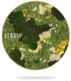 Une œuvre d'art murale circulaire conçue avec diverses nuances de mousse verte et des touches de jaune et de blanc pour créer un paysage texturé et naturel. Le nom de la marque « BEMOSS » est affiché sur le côté gauche, encadré par un cadre en bois fin et léger. Ce magnifique Tableau de mousse rond BEMOSS® ORTHO ICE fait entrer la nature à l'intérieur.