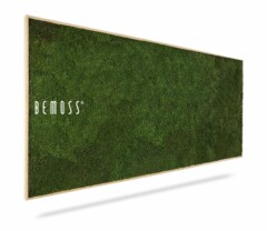 Un panneau mural rectangulaire en mousse avec un cadre en bois, affichant le logo « BEMOSS » dans le coin inférieur gauche. Le panneau est présenté sous un angle, mettant en valeur sa surface verte et luxuriante. Le fond blanc fait vraiment ressortir cet élégant Tableau de mousse FLATMOSS.