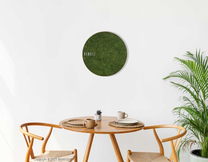 Une salle à manger minimaliste comprend une table ronde avec deux chaises en bois. La table comprend un set de table tissé beige, une petite plante, une tasse et un plateau en bois. Sur le mur blanc au-dessus, le Tableau de mousse rond FLATMOSS est affiché, complétant la plante verte du coin.