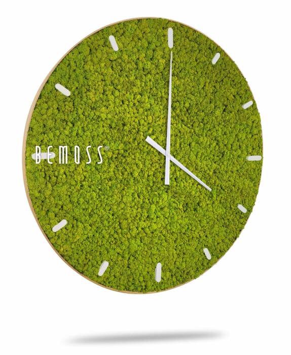 Une horloge murale ronde avec un cadran recouvert de mousse verte vibrante, incarnant l'essence d'un tableau de mousse. L'horloge comporte de simples aiguilles et index blancs, avec le nom de marque «Horloge de mousse en mousse de RENNE avec cadran» affiché sur le côté gauche du cadran de l'horloge.