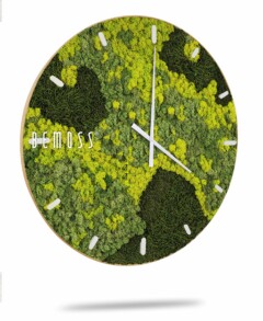 Une horloge murale ronde avec un cadran en mousse verte et jaune, rappelant les *murs végétaux*. L'horloge est dotée de fines aiguilles blanches des heures et des minutes et d'index blancs minimalistes. Les mots «Horloge de mousse BEMOSS® ORTHO SPRING avec cadran» sont inscrits sur le côté gauche du cadran de l'horloge. Une légère ombre est visible sous l’horloge.