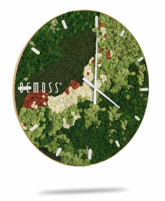 Une horloge murale moderne avec un cadre en bois avec un motif de mousse luxuriante et multicolore en arrière-plan. L'horloge a de simples aiguilles blanches des heures et des minutes et des index blancs minimalistes. Le nom de la marque « BEMOSS » est imprimé sur le cadran, ce qui en fait une Horloge de mousse BEMOSS® ORTHO SPRING parfaite pour tout espace contemporain.