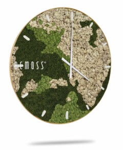 Horloge de mousse BEMOSS® ORTHO SPRING avec cadran au design unique en mousse verte et beige. Les aiguilles des heures et des minutes sont blanches, contrastant avec le fond texturé et naturel. L'horloge dégage une esthétique moderne et respectueuse de l'environnement, rappelant un tableau de mousse.