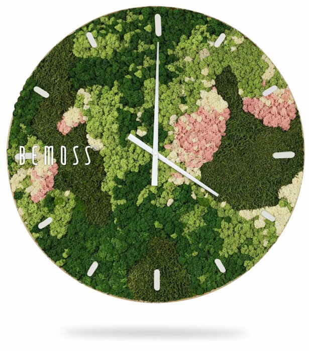 Cette horloge murale ronde et moderne présente une mousse verte luxuriante et un motif floral. Avec des aiguilles et des index blancs minimalistes, le nom de la marque « Horloge de mousse BEMOSS® ORTHO SPRING avec cadran » est élégamment positionné sur le cadran. Le tableau de mousse vibrant comprend des taches de rose et de blanc pour une touche élégante.