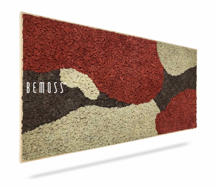 Une œuvre d'art murale rectangulaire composée de différentes taches de mousse colorées en rouge, marron et blanc cassé. La mousse texturée est disposée selon un motif abstrait. Le tableau de mousse BEMOSS® ORTHO SIENNA est étiqueté « BEMOSS » en texte blanc sur le côté gauche.