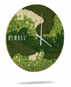 Une horloge murale ronde présentant des textures de mousse verte et blanche éclatantes sur son cadran, avec d'élégantes aiguilles blanches des heures et des minutes. Le nom de la marque « BEMOSS » apparaît sur le côté gauche du cadran de l'horloge. Cette Horloge de mousse moderne au design BEMOSS® ORTHO FOREST projette une légère ombre en dessous, apportant une touche de nature à l'intérieur.