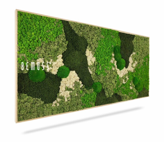 Panneau vertical avec un motif de mousse vibrant dans différentes nuances de vert et de blanc, étiqueté « Tableau de mousse BEMOSS® ORTHO GREEN ». L’arrangement de la mousse forme un motif abstrait, créant un aspect naturel et texturé sur un fond autrement uni. Idéal pour créer de superbes murs végétaux dans n’importe quel espace.