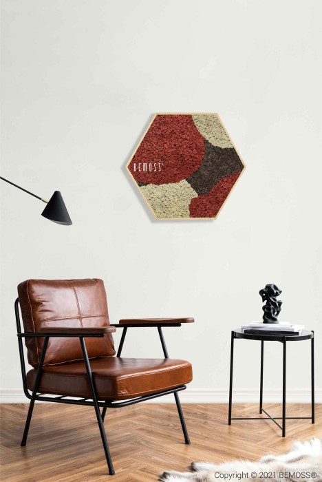 Un salon moderne avec un fauteuil en cuir marron, une petite table d'appoint noire et des décorations murales hexagonales présentant des motifs texturés rouges, marron et beiges. Une lampe murale noire est placée au-dessus de la chaise et un tapis blanc moelleux recouvre une partie du parquet. L'hexagone de mousse BEMOSS® ORTHO SIENNA ajoute une touche de nature à la scène.