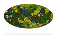 Une œuvre d'art de forme ovale de BEMOSS représente un paysage floral vibrant avec des fleurs colorées, notamment des fleurs jaunes, bleues et rouges, sur un fond vert luxuriant du Tableau de mousse PLANTES Lomo.