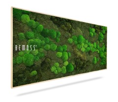 Une œuvre d'art murale rectangulaire en mousse verte portant la marque « BEMOSS® ». Le Tableau de mousse PLANTES Lomo présente différentes nuances et textures de mousse verte disposées selon un motif organique dans un cadre en bois clair. La photo est prise sous un angle, mettant en valeur la profondeur et le dynamisme de la mousse.