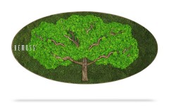 Une image de forme ovale présente un arbre vert détaillé et vibrant avec un tronc et des branches texturés sur un fond d'herbe vert plus foncé. Le mot « BEMOSS » est écrit en texte blanc sur le côté gauche, rappelant les murs végétaux naturels créant une ambiance éco-responsable.