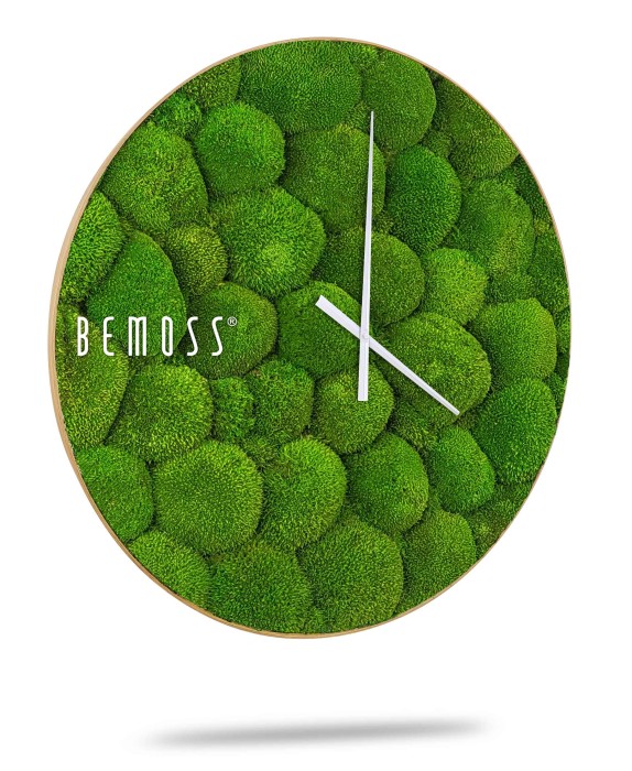 Une horloge murale ronde avec une texture de mousse verte unique comme arrière-plan. L'horloge a deux aiguilles blanches simples indiquant l'heure. 