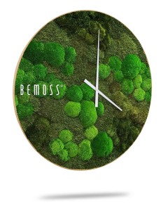 Une Horloge de mousse BOLMOSS Minerva avec cadran avec un motif de mousse verte vibrante sur son cadran et des aiguilles blanches des heures et des minutes. Le nom de la marque « BEMOSS » est imprimé en blanc sur le côté gauche, ressemblant à un sol forestier luxuriant et texturé. Cette pièce unique fait office à la fois de garde-temps et d'élégant tableau de mousse.