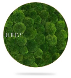 Un panneau circulaire recouvert de mousse verte luxuriante avec le nom de marque « BEMOSS® » imprimé en texte blanc sur le côté gauche. La mousse apparaît dans différentes nuances et textures, créant un aspect naturel et organique. Ce *tableau de mousse* est représenté sur un fond blanc.