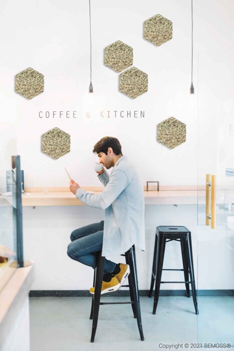 Une personne portant une chemise gris clair et des chaussures jaunes est assise sur un tabouret noir devant un comptoir en bois et regarde une tablette. Des œuvres d'art murales hexagonales décoratives et une signalétique « Coffee & Kitchen » sont exposées sur le mur blanc, rehaussées de tableaux de mousse vibrants. Un autre tabouret noir se trouve à côté de la personne.