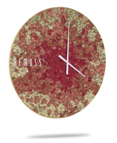 L'image montre une horloge murale ronde avec un cadran texturé multicolore avec des tons terreux de rouge et de beige. L'horloge est dotée d'aiguilles blanches minimalistes des heures, des minutes et des secondes, « BEMOSS » élégamment écrites sur le côté gauche du cadran, rappelant l'élégant Murs végétaux dans son design.