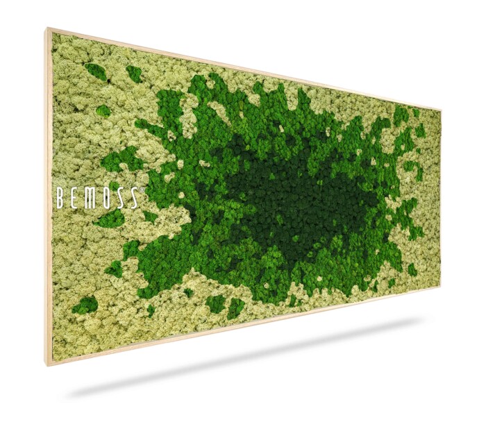 Une œuvre d'art murale rectangulaire présente différentes nuances de mousse verte disposées selon un motif dégradé, encadrées par une bordure en bois clair. Le côté gauche affiche le mot « BEMOSS » en lettres blanches sur un fond de mousse luxuriante, créant un exemple élégant de murs végétaux.