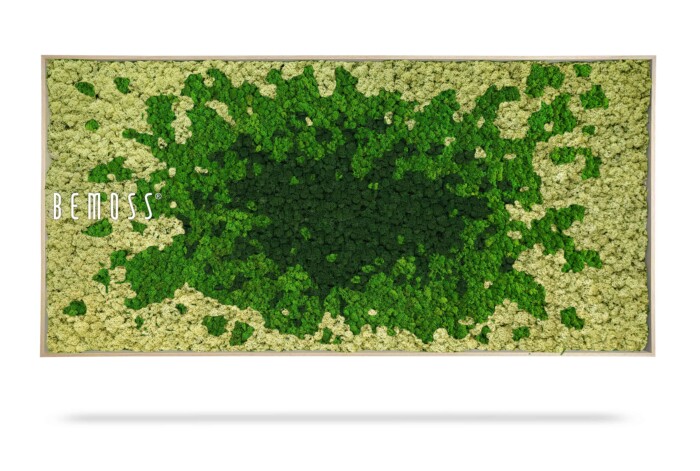 L'œuvre d'art murale rectangulaire présente un dégradé de mousse verte, passant du vert foncé au centre aux nuances plus claires vers les bords. Le nom de la marque « BEMOSS® » apparaît sur le côté gauche de ce saisissant tableau de mousse.