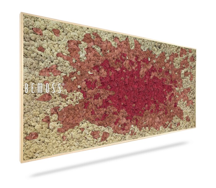 Un cadre rectangulaire présente un tableau de mousse comportant une œuvre d'art en mousse naturelle avec un dégradé de couleurs beige et rouge. La mousse beige entoure un éclat central de mousse rouge, créant un motif visuellement saisissant. « BEMOSS » est élégamment inscrit sur le côté gauche du cadre.