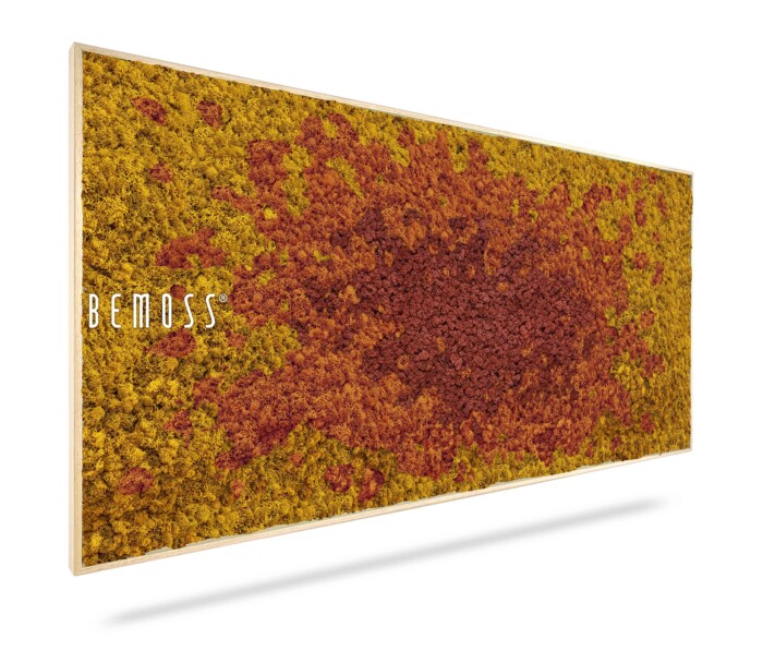 Art mural rectangulaire présentant un mélange vibrant de mousse artificielle jaune et rouge. Les couleurs sont disposées pour créer un motif abstrait, la mousse rouge formant le centre. Le mot « BEMOSS » est affiché sur le côté gauche du cadre, parfait pour ceux qui apprécient les designs uniques du Tableau de mousse BEMOSS® SPLASH Sienna.