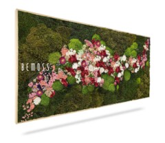 Une œuvre d'art murale rectangulaire avec un mélange de mousse verte et de fleurs rose vif, rouges et blanches disposées dans un design fluide. La pièce est bordée d'un cadre fin de couleur claire et porte sur le côté gauche le texte "Tableau de mousse PLANTES Acebo BLUE".