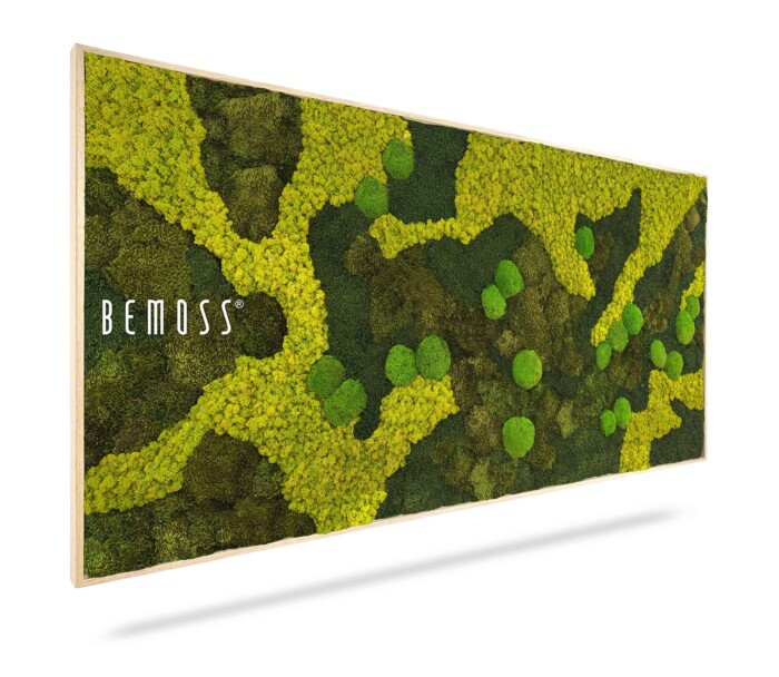 Une œuvre d'art murale rectangulaire présentant un design abstrait et vibrant fabriqué à partir de mousse préservée dans diverses nuances de vert et de jaune. Le mot « BEMOSS » est imprimé en blanc sur le côté gauche de l’œuvre. La pièce est encadrée d'une bordure en bois clair. Nom du produit : Tableau de mousse BEMOSS® ORTHO SWIRL (Kópia)