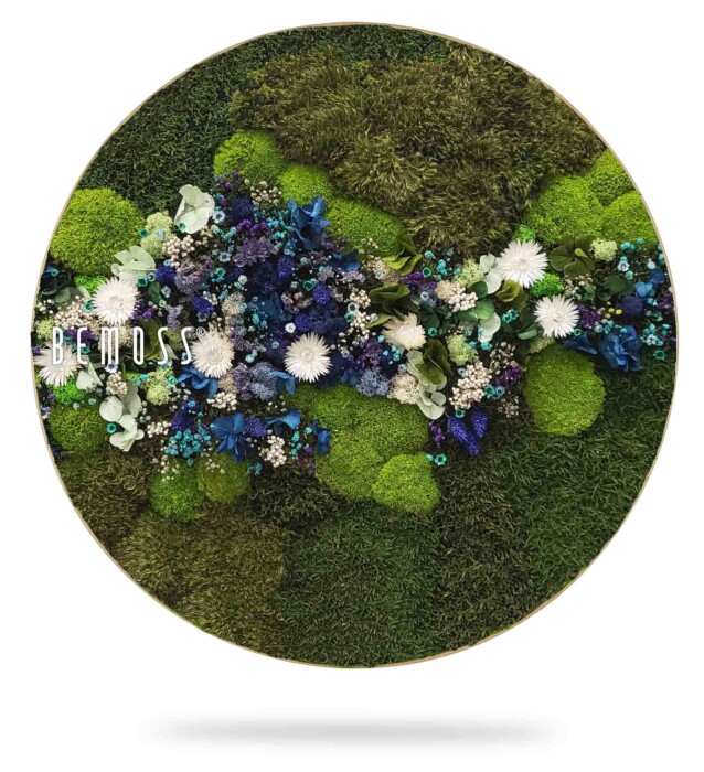 Un arrangement floral circulaire intitulé « BEMOSS », composé d'un mélange luxuriant de mousses vertes et de fleurs éclatantes, notamment des fleurs blanches et bleues, disposées pour créer un design naturel, semblable à celui d'un jardin. L'arrangement semble tridimensionnel, ajoutant de la profondeur et de la texture.