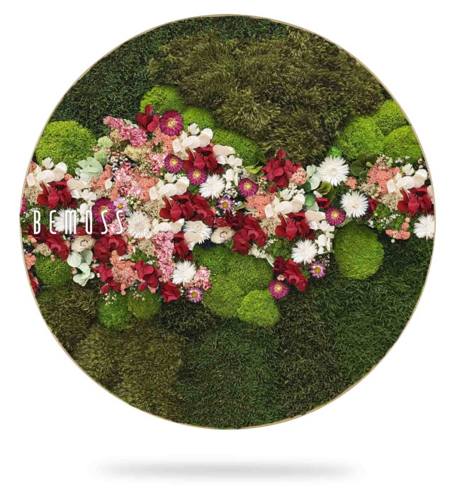 Un arrangement floral circulaire composé d'un assortiment de mousse verte, de verdure luxuriante et d'un mélange de fleurs rouges, roses et blanches. Le mot « BEMOSS » apparaît sur le côté gauche de l'arrangement. L'affichage dynamique est placé sur un fond blanc avec une ombre subtile en dessous.