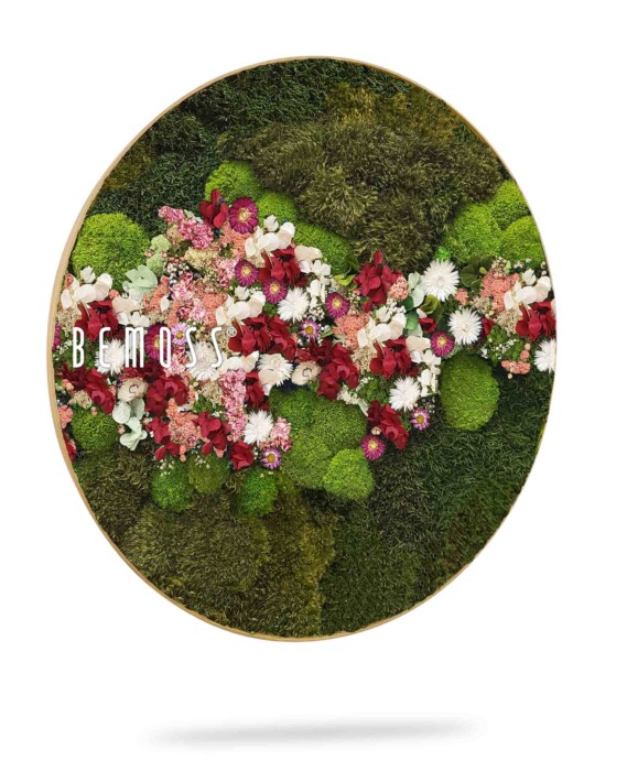 Une œuvre d'art murale circulaire en verdure préservée, avec une bande centrale de fleurs rouge vif, roses et blanches disposées en diagonale sur la pièce. Le fond est composé de diverses mousses et plantes vertes, créant un aspect texturé et luxuriant.