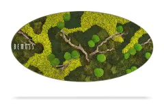 Art mural de forme ovale par BEMOSS présentant un design vibrant et naturel. Il présente un arrangement de mousse préservée dans diverses nuances de vert avec des branches, créant une esthétique texturée et organique. Ce Tableau de mousse BEMOSS® ORTHO TOCÓN offre un visuel serein et inspiré de la nature.