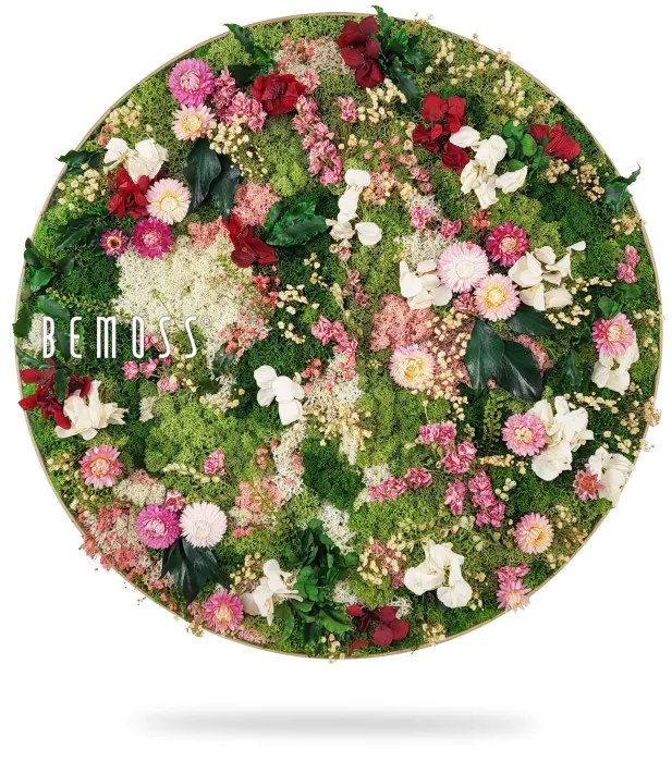 Un arrangement floral circulaire de BEMOSS, mettant en vedette une variété de fleurs et de verdure colorées. La composition comprend des fleurs roses, blanches et rouges entrecoupées de mousse verte luxuriante, créant un « tableau de mousse » vibrant.